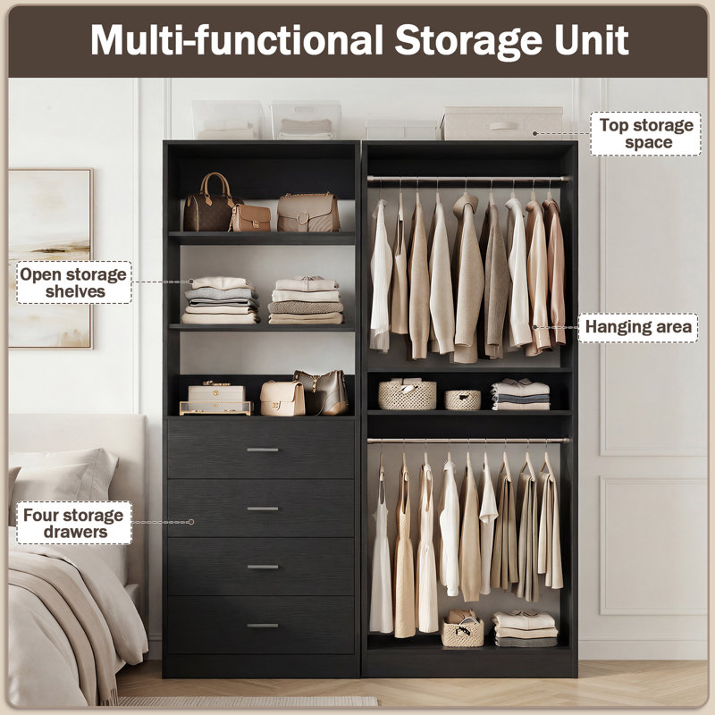 Closet System with Drawers, Shelves,Hanging Rods, Black