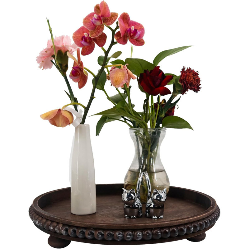 12" Farmhouse Boho Beaded Round Wood Decorative Tray with Ball Feet