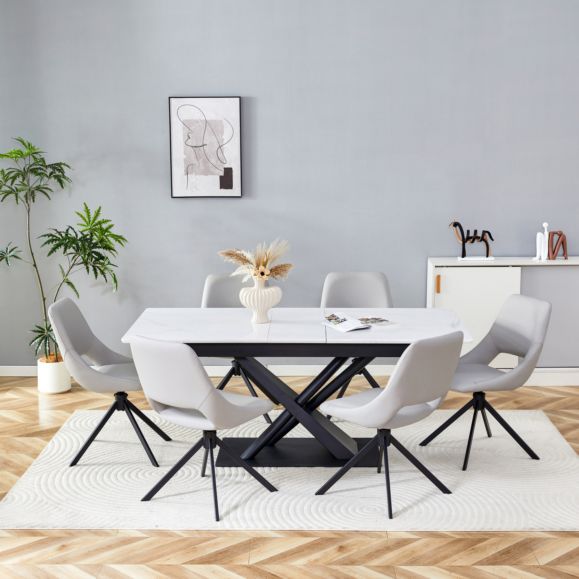 Contemporary Extendable Dining Set with MDF Table and 4 Faux Leather Swivel Chairs