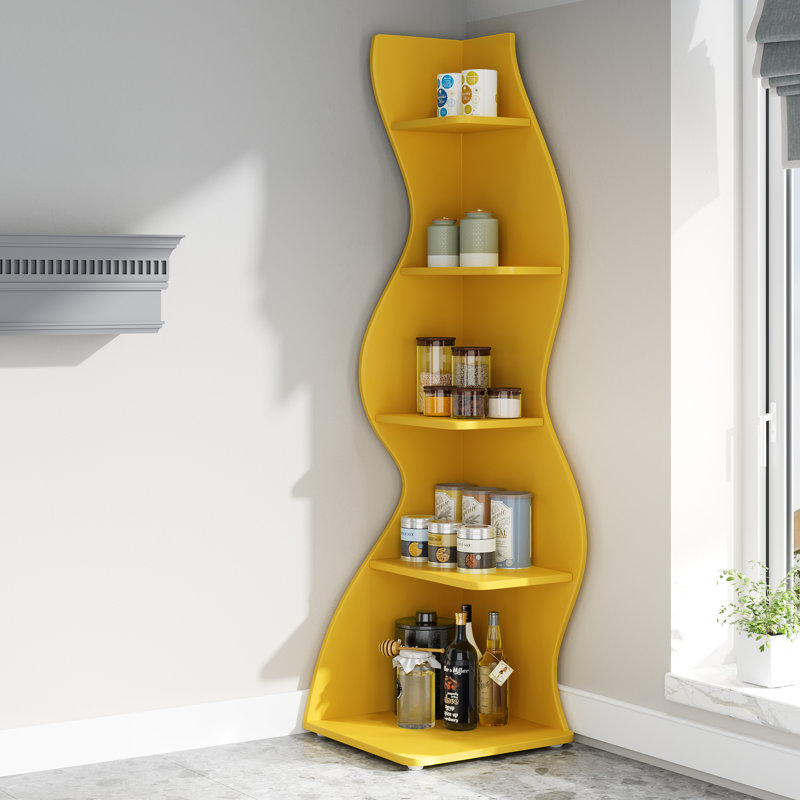 2Pcs 5-Tier Corner Shelf Bookshelf Bookcase For Living Room, Yellow, 2