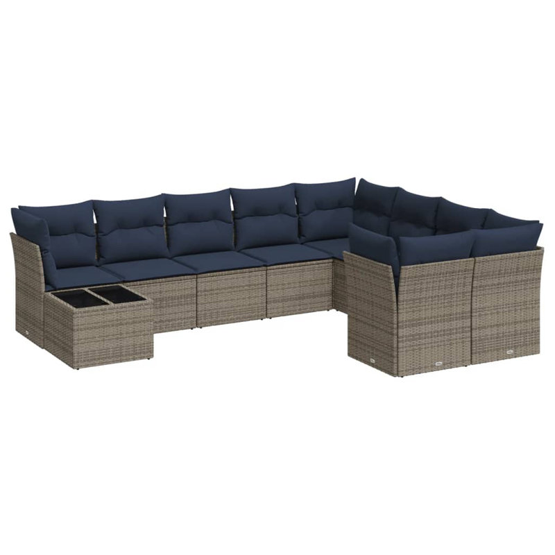 Ensemble de canapé de patio 10 pièces avec coussins en rotin de polyester, Marine, Gris