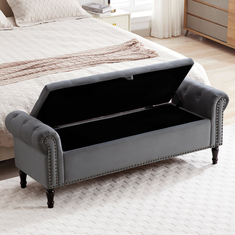Banc de rangement 67 po pour très grand lit avec siège capitonné et accoudoirs roulés, Gris foncé, 67 po de largeur