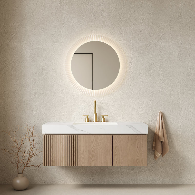 Ensemble de meuble-lavabo et lavabo 48 po, armoire de rangement en contreplaqué flottant avec tiroir et portes, comptoir en pierre frittée blanc Carrara et lavabo en céramique avec 3 trous de robinet pré-percés