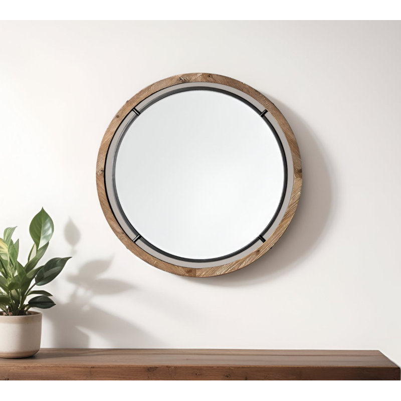 Elsmore Brown Wood And Black Metal Round Framed Accent Mirror, 28" x 28"