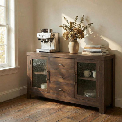 Buffet de 54 pouces avec 2 portes en verre et 3 tiroirs, café et meuble télé pour le salon