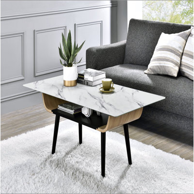Table basse de 47 po avec plateau en verre marbré blanc et bois cintré