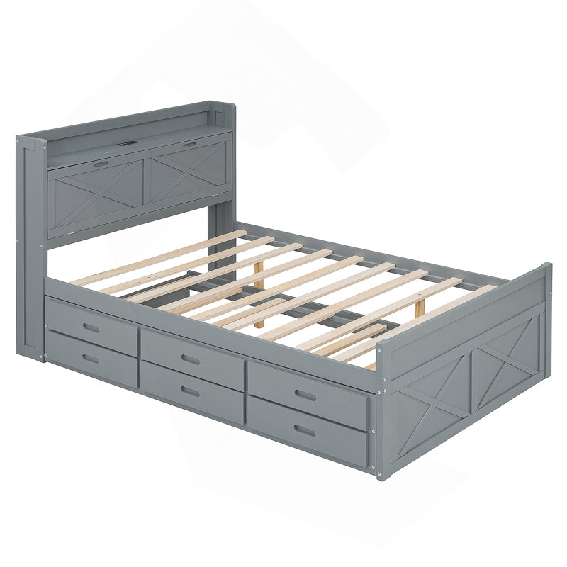 Lit en bois avec tête de lit de rangement avec prises, lit extensible avec lit gigogne, Grey, Lit simple