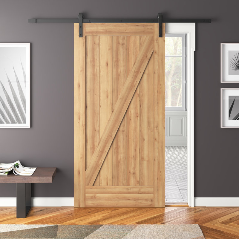 Porte de grange intérieure en Z non finie avec rail et quincaillerie Knotty Alder, Acier inoxydable, 48 po x 84 po