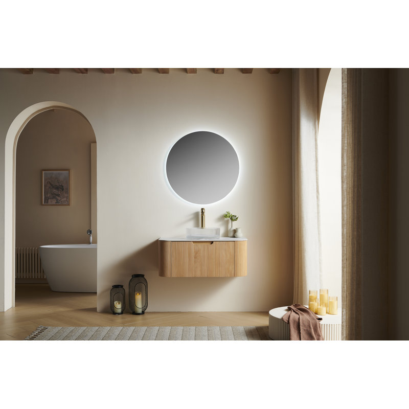 Meuble-lavabo de salle de bain 30 po Dina, armoire de rangement rayée à bords arrondis avec tiroir, lavabo rond en verre transparent et plateau en pierre frittée blanc de Carrare, pré-assemblé, couleur grain de bois naturel