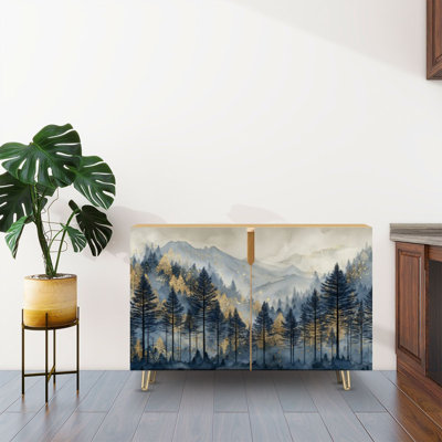 Sideboard Buffet Cabinet with Storage Misty Pine Forest Watercolor with 2 Doors for Living Room and Kitchen