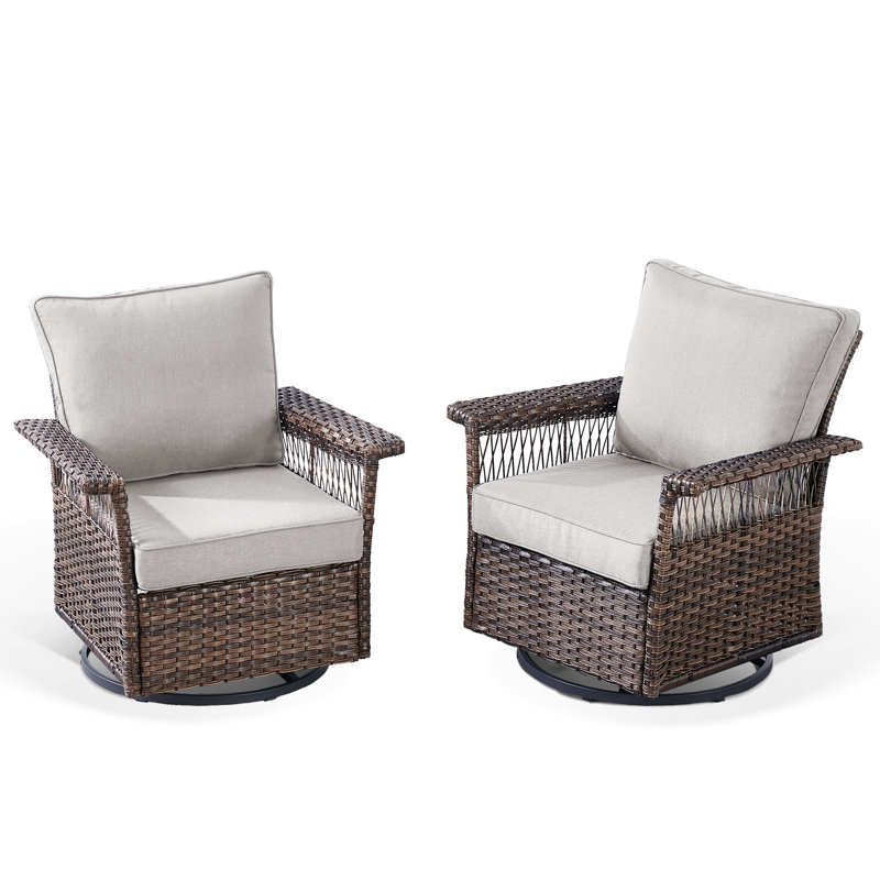 Chaise berçante d'extérieur pivotante en osier avec coussins (ensemble de 2), Beige