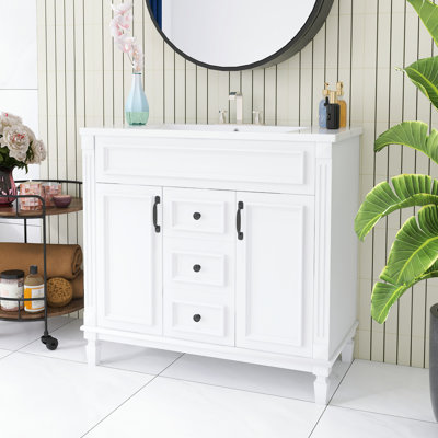 36 In. Freestanding Bathroom Vanity Set With Glossy Ceramic Integrated Sink Top