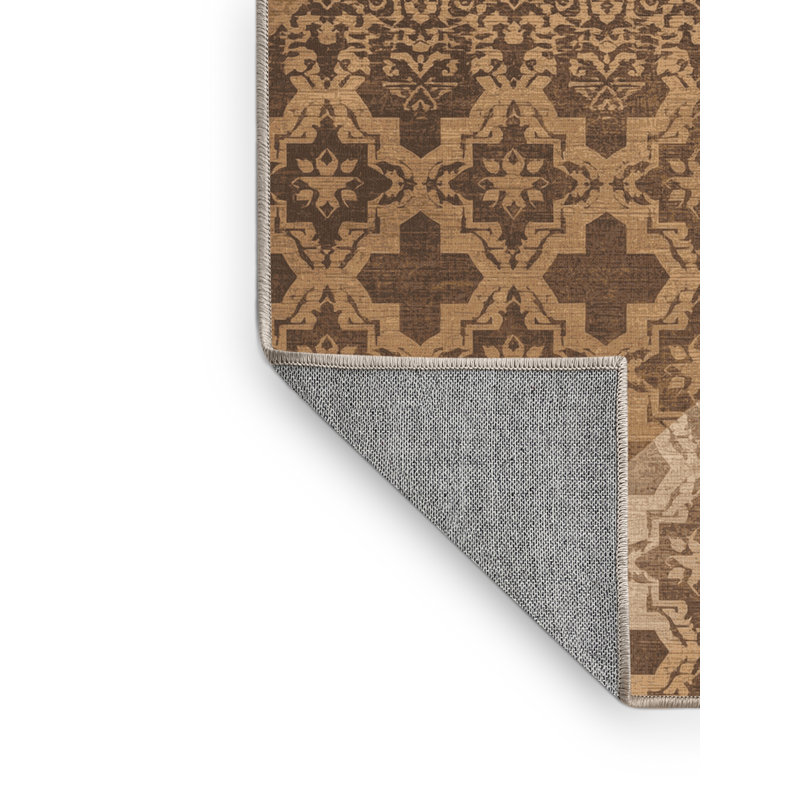 Machine Washable Penola Global Inspired Moroccan Rug in Brown – Beige Binding, 5 x 7