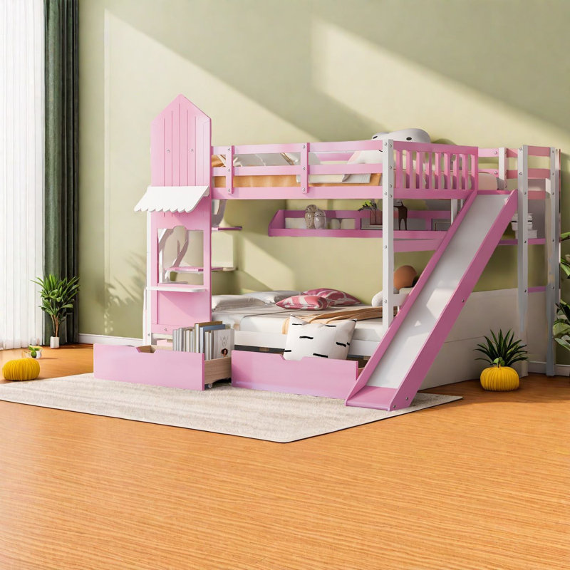 Lits superposés avec rangement Fun Castle Style, bois massif, rose