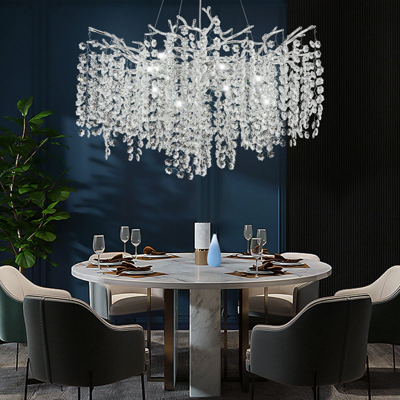 Lustre en cristal de neige avec branches d'arbre, Argenté / blanc