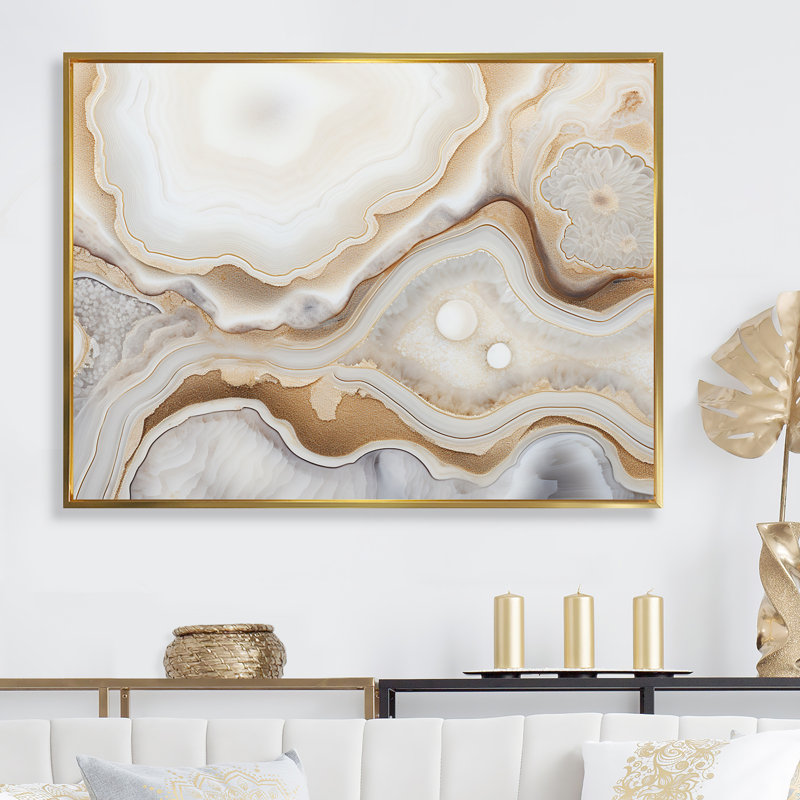 Géode de paysage de pierre beige et doré sur fond de minimalisme, H 34 po x l 44 po x P 1,5 po, Cadre flottant doré