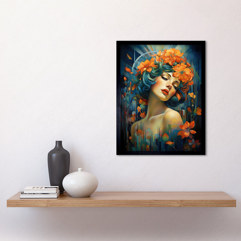 Woman Portrait With Flowers Modern - Single Picture Frame Print