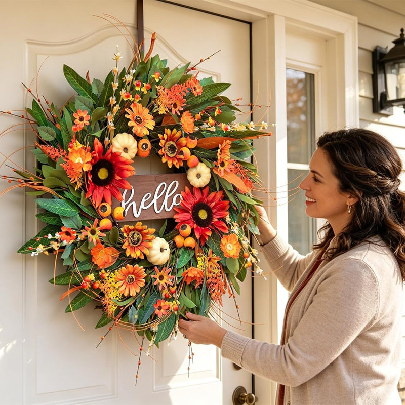 Couronne de récolte d'automne 24 po avec panneau Hello