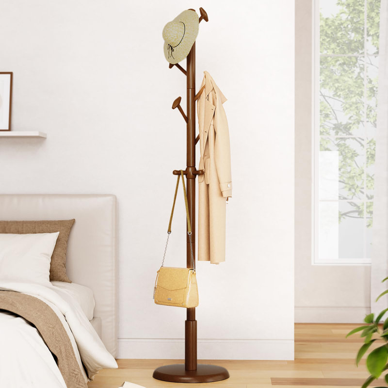 Portemanteau autoportant en bois massif avec 10 crochets, Noyer brun