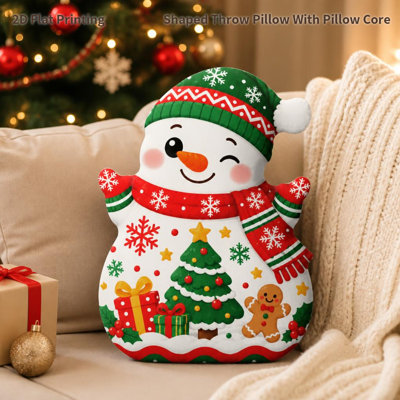 2D Flat Printing1pcs 2D Flat Pastel Mint Christmas Snowman with Gift Shaped Stuffed Throw Pillow Decorative Cushion Pillow for Sofa Bedroom Playroom And Christmas Decor, 2D Flat 60cm