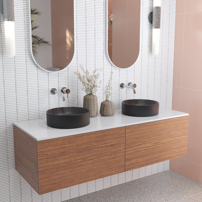 Tucana Bench Mount Ceramic Round Vessel Bathroom Sink, Matte Black