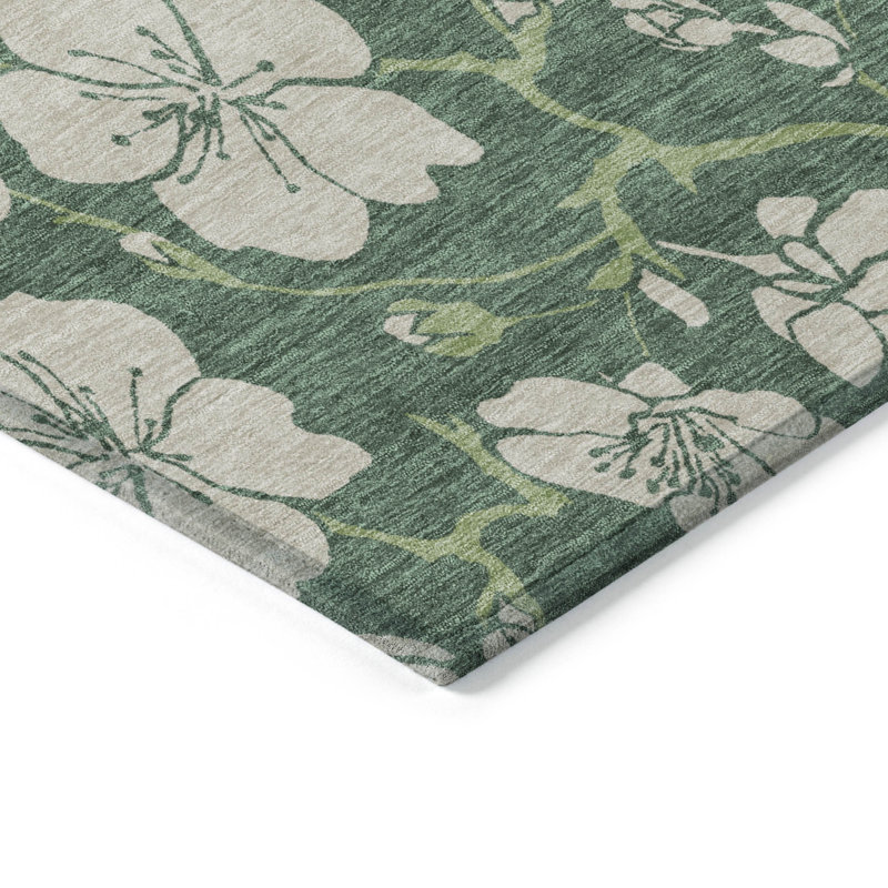 Sage Floral Synthetic Washable Rectangular Area Rug