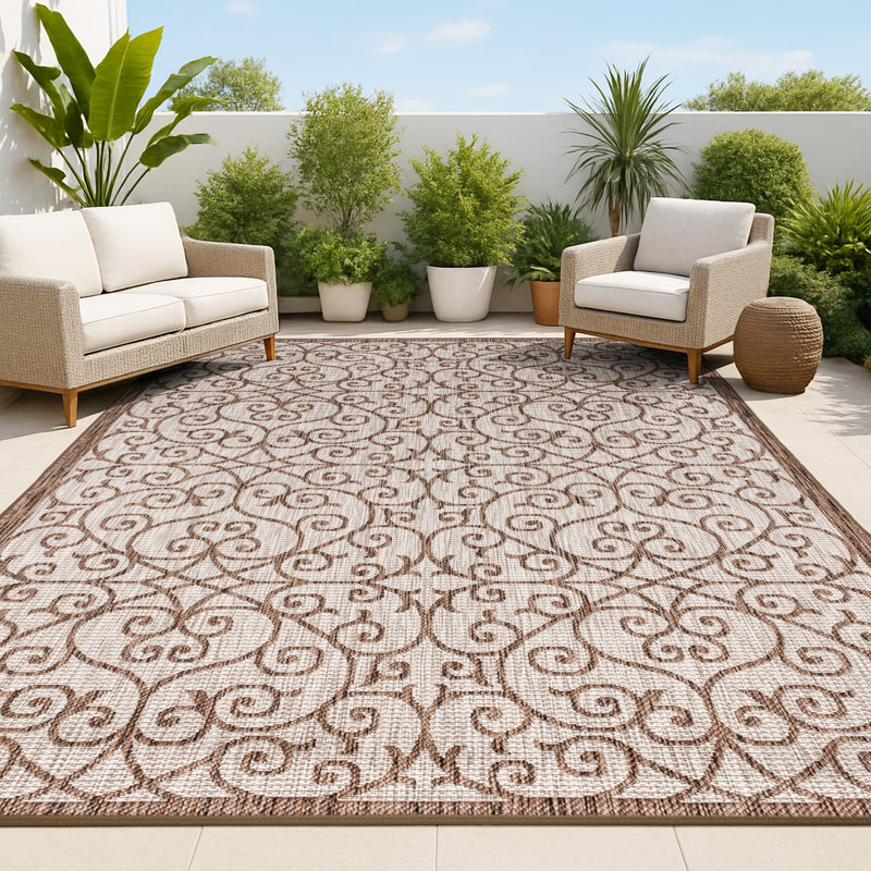 Haggerty Vintage Filigree Textured Weave Taupe/Espresso Indoor/Outdoor Rug, Rectangle 5'3" x 7'7"