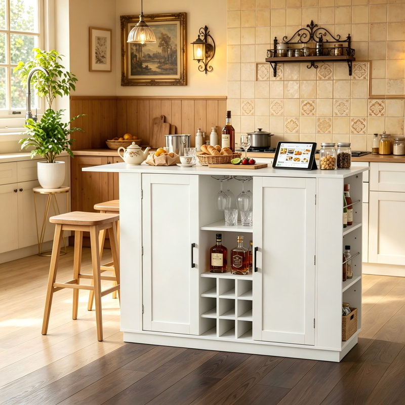U-Shaped Multi-Functional Bar Cabinet, Folding Tabletop With Power Outlet, Integrated Wine Rack And Storage Design, White