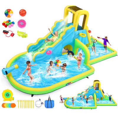 Adam 18'X7.54' Water Slide Inflatable Water Bounce House Park For Kids Backyard Outdoor Fun With Blower, Blow Up Water Slide Castle W/Climbing Wall, Long Slide, Pool, Water Gun, Basketball Hoop & Tunnel