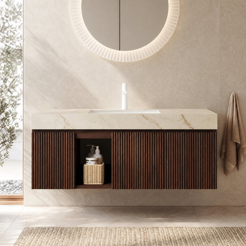 48 po Meuble-lavabo flottant avec comptoir en pierre frittée et lavabo en céramique