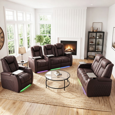 Ensemble de salon inclinable électrique sans gravité en cuir véritable avec appuie-tête réglable, éclairage DEL 7 couleurs, ports USB et rangement