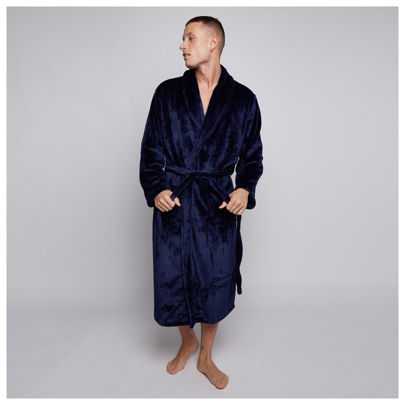 Gender Neutral Mid-Calf Bathrobe with Pockets, Navy