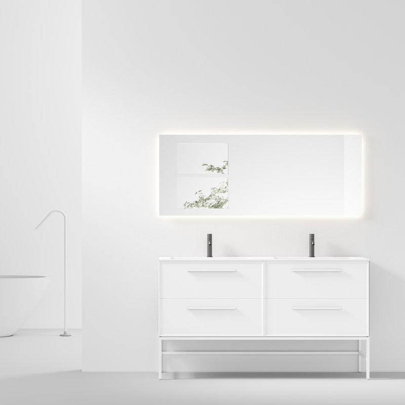 Schneeweis 60 po L x 18 po P 4 tiroirs Meuble-lavabo autoportant avec évier double et Comptoir en Surface solide blanc mat
