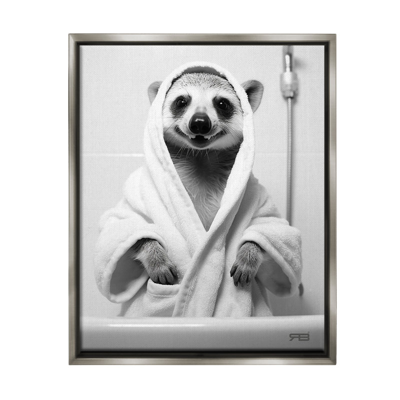 "Animal in Bathroom Robe" par RB sur toile, Cadre flottant gris lustré, H 21 po x l 17 po