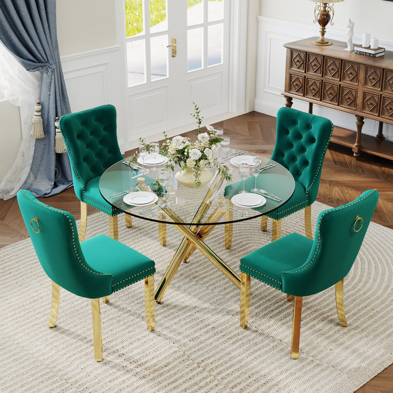 Ensemble de salle à manger à piédestal rond 5 pièces avec chaise capitonnée en velours pour salle à manger et salon, Vert