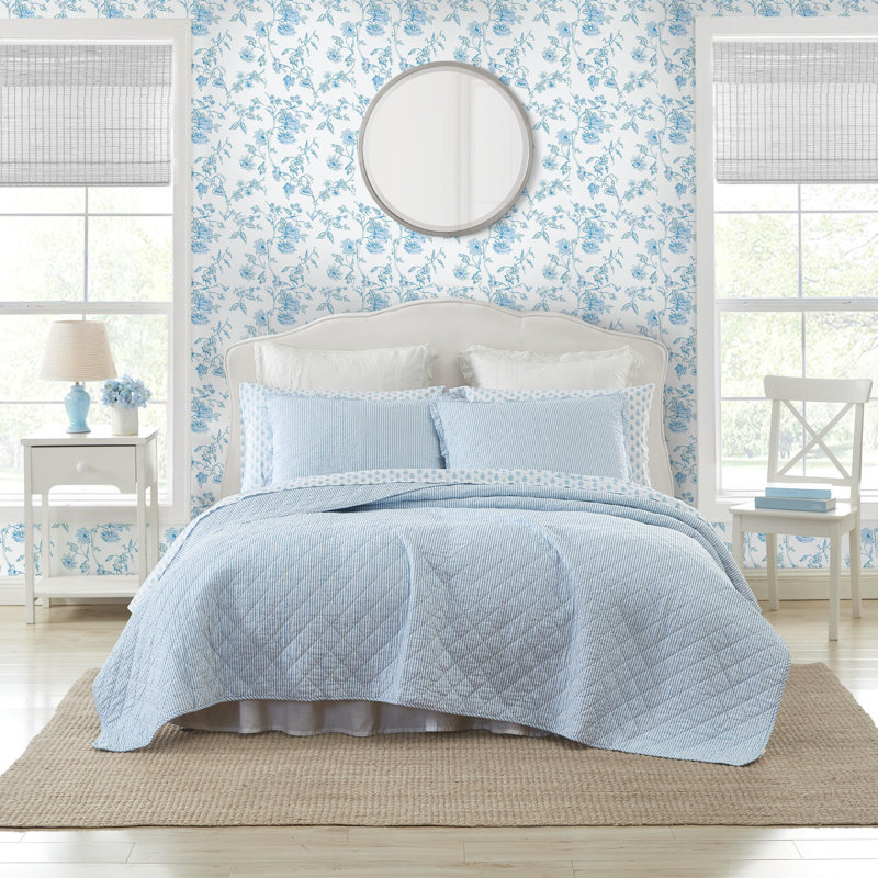 Laura Ashley Oxford Stripe Blue Cotton Reversible Quilt Set, King Quilt+ 2  King Shams