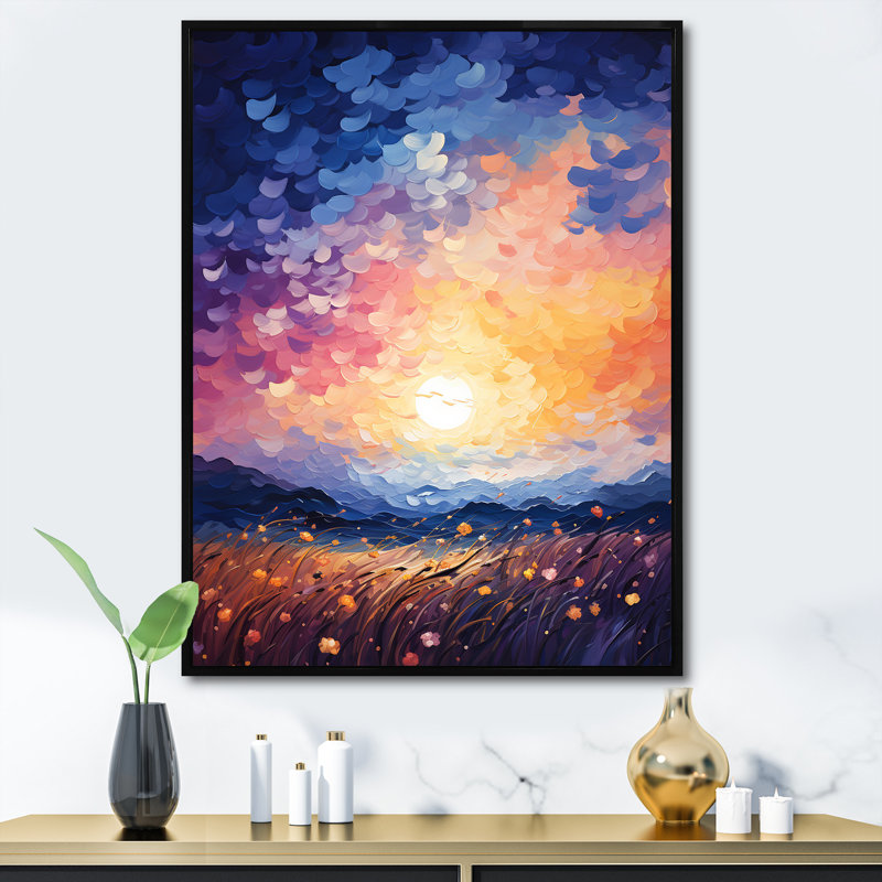 Abstraction lyrique jaune orange, coucher de soleil lyrique I - impression, H 32 po x l 24 po x P 1 po, Cadre flottant noir