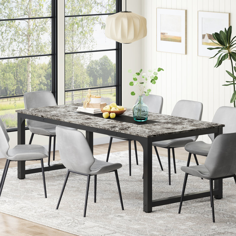 Rectangular 199.9Cm L Dining Table, 77cm H x 199.9cm L x 100.1cm W, Grey Marble, Black
