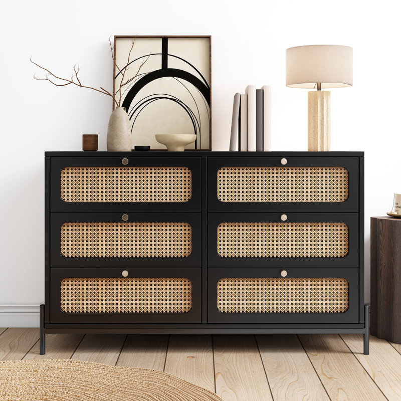 Buffet moderne en bois et rotin avec commode à 6 tiroirs pour chambre à coucher, salon, entrée et couloir