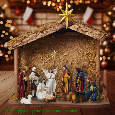 Christmas Decorations Manger Scenes for Inside 9&10&11& inch Scale Holy Family Wooden Nativity Stable Desk Decoration Collectable （16.9" x 6.1" x 15.7"）