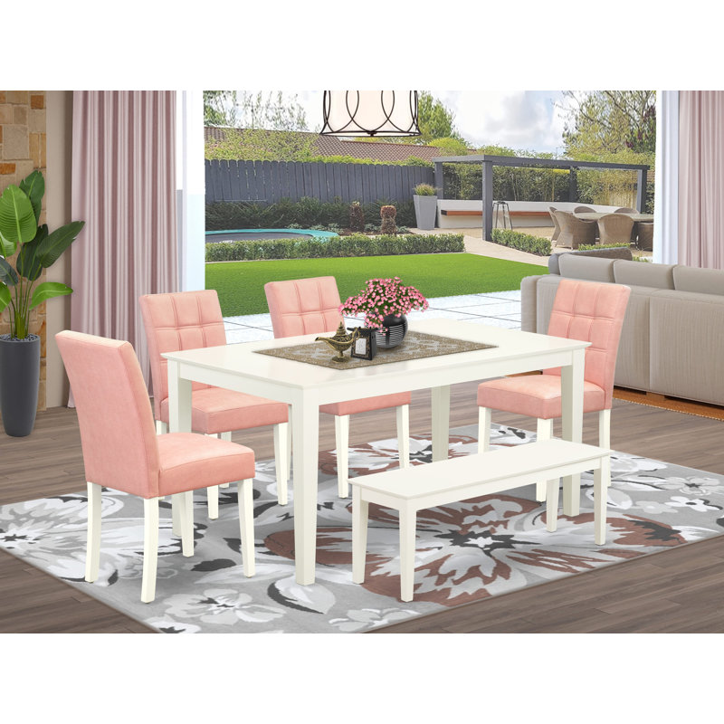 6 pièces contiennent une table de cuisine de style Mid-Century et un banc en bois 4 chaises de cuisine Parson en tissu de polyester beige rouge avec dossier élégant - finition lin blanc