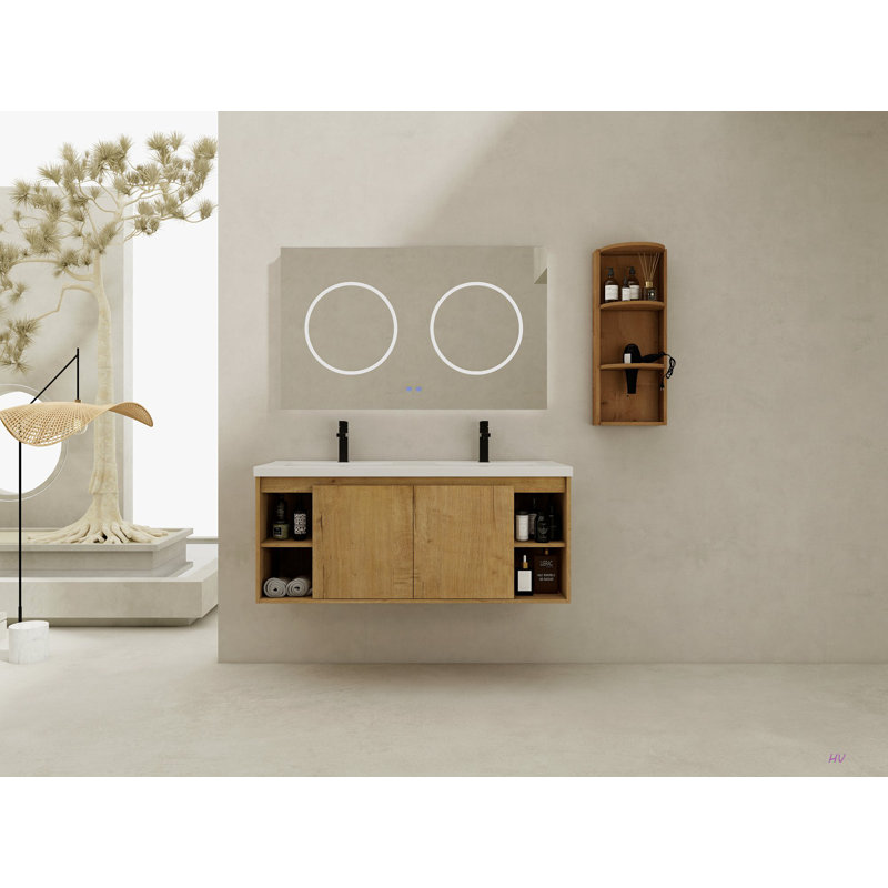 Meuble-lavabo mural 48 po avec double lavabo et support de rangement, portes à fermeture douce, armoire combinée (KD-Packing)