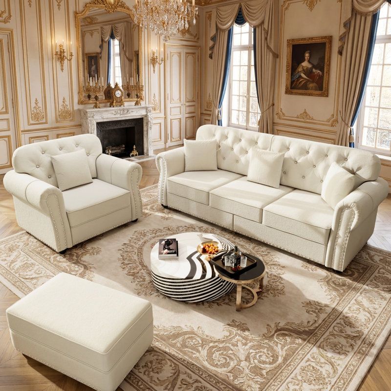 Canapé Chesterfield de style Mid-Century moderne avec garniture cloutée, capitonnage à boutons et accoudoirs roulés - Comprend un repose-pieds