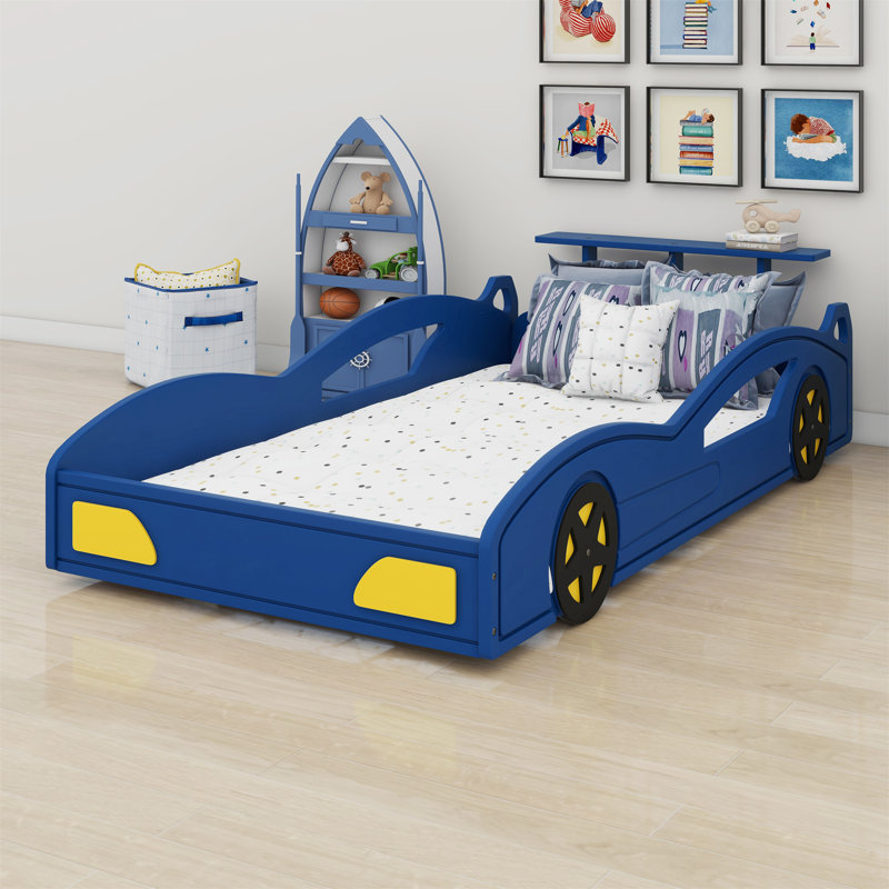 Lit de voiture de course, lit plateforme en forme de voiture avec roulettes, Bleu