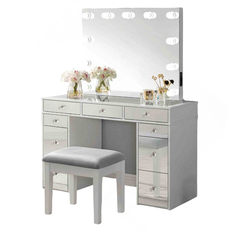Contemporary Style 1Pc Vanity Set  Mirror LED Lights Storage Drawers Wooden Glides Stool Included Bedroom Furniture