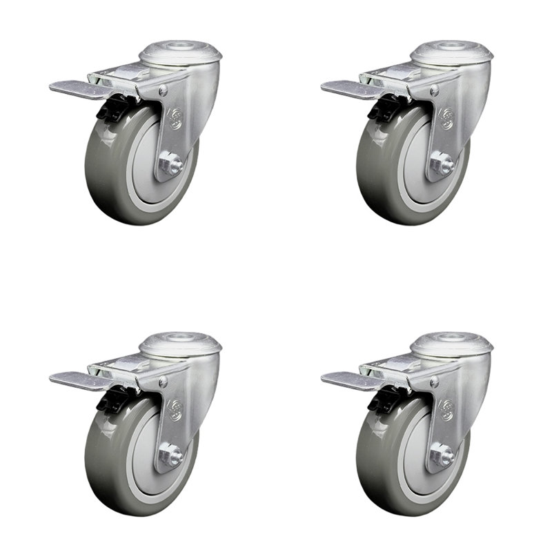 Ensemble de roulettes pivotantes en polyuréthane 4 trous avec frein à verrouillage total, Gris