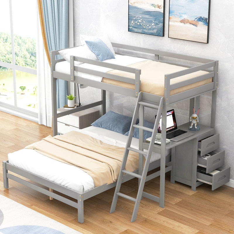 Lit superposé simple au dessus d'un lit double avec bureau intégré et trois tiroirs, Gris
