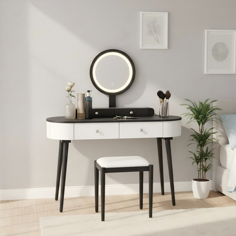 Vanity Table Set with LED Lighted Mirror, 3 Adjustable Lighting Dressing with Touch Switch, 4 Drawers, Cushioned Stool