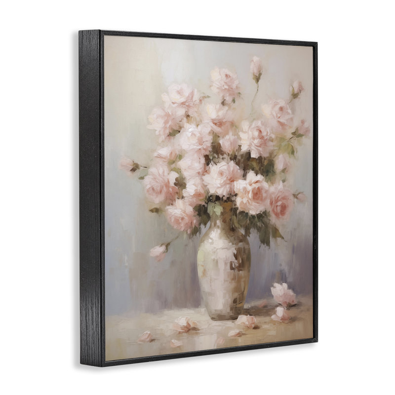 Vase rose délicate, estampe numérique par Arlington Prints, H 14 po x l 11 po, Giclée encadrée noir minuit
