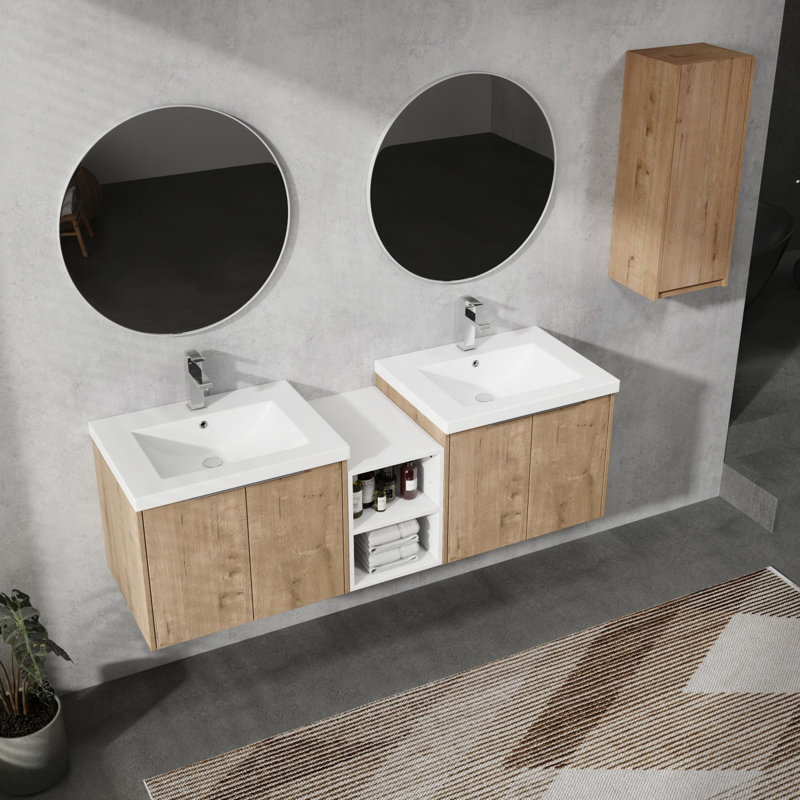 Meuble-lavabo mural avec lavabo et armoire latérale, portes à fermeture en douceur, 59"